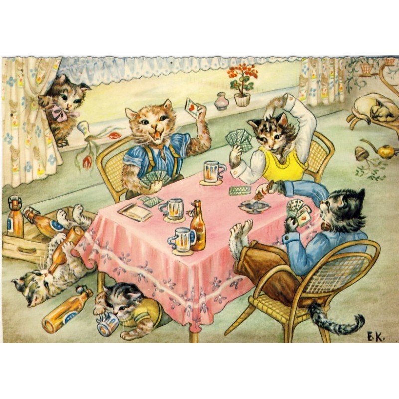 CARTE POSTALE CHATS HUMANISES - LA PARTIE DE CARTES