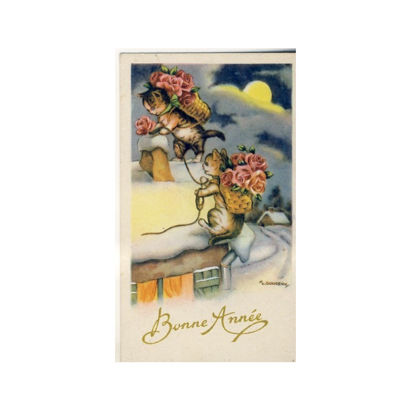 CARTE CHATS HUMANISES PORTANT DES ROSES SIGNEE GOUGEON