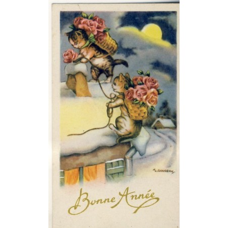 CARTE CHATS HUMANISES PORTANT DES ROSES SIGNEE GOUGEON