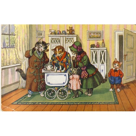 CARTE POSTALE CHATS HUMANISES - BEBE CHAT DANS SON LANDAU