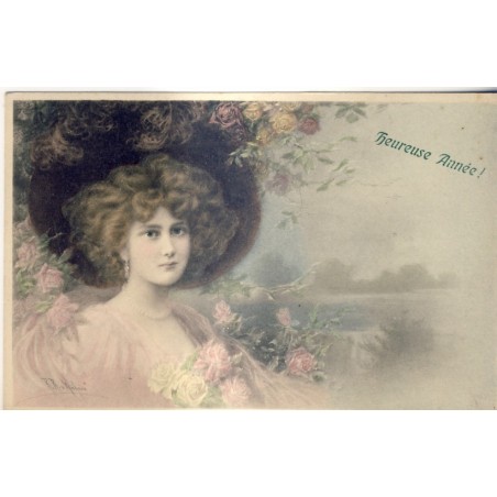CARTE POSTALE  M. M. VIENNE - M. MUNK - JEUNE FEMME AU CHAPEAU - HEUREUSE ANNEE !
