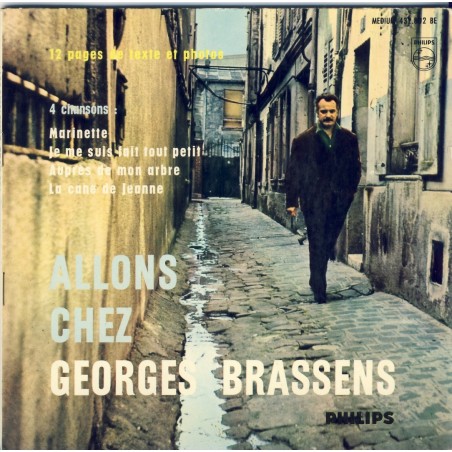 LIVRE-DISQUE 45 TOURS 17 cm EP - BIEM ET 12 PAGES DE TEXTE ET PHOTOS EN NOIR ET BLANC : ALLONS CHEZ GEORGES BRASSENS