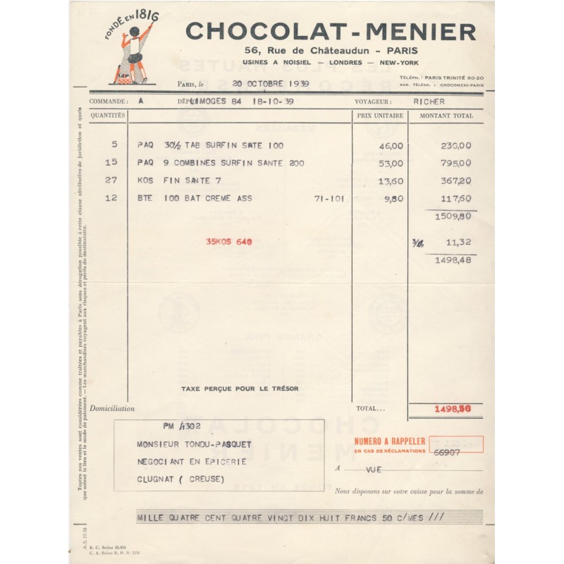 FACTURE CHOCOLAT MENIER PARIS 1939 FACTURE CHOCOLAT MENIER PARIS 1939