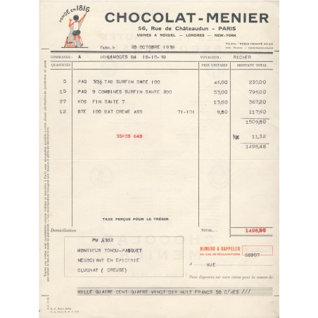 FACTURE CHOCOLAT MENIER PARIS﻿ 1939