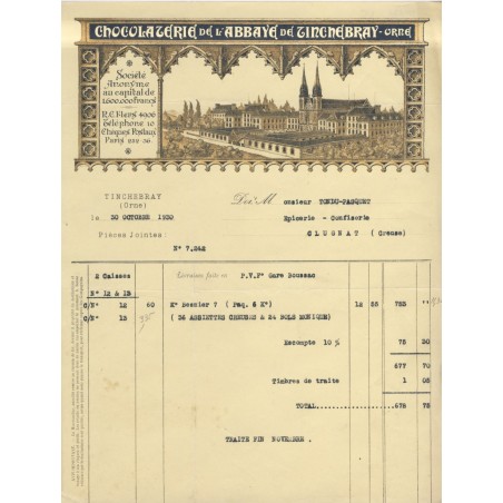 FACTURE CHOCOLATERIE DE L'ABBAYE DE TINCHEBRAY (Orne) 