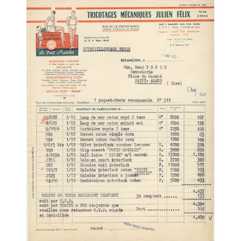 FACTURE TRICOTAGES MECANIQUES JULIEN FELIX. - BESANCON