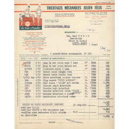 FACTURE TRICOTAGES MECANIQUES JULIEN FELIX. - BESANCON