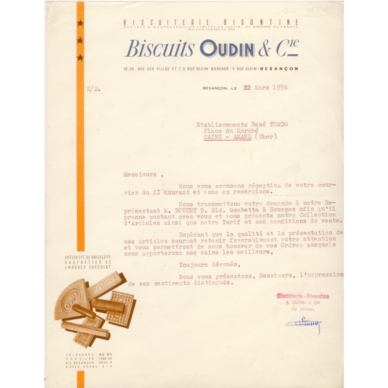 LETTRE BISCUITS OUDIN & Cie - BESANCON