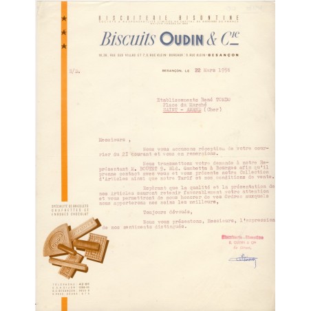 LETTRE BISCUITS OUDIN & Cie - BESANCON