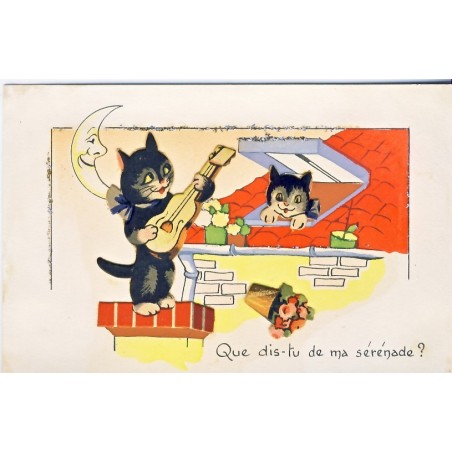 CARTE POSTALE A SYSTEME DECOUPIS ET PAILLETTES - CHAT MUSICIEN AU CLAIR DE LUNE