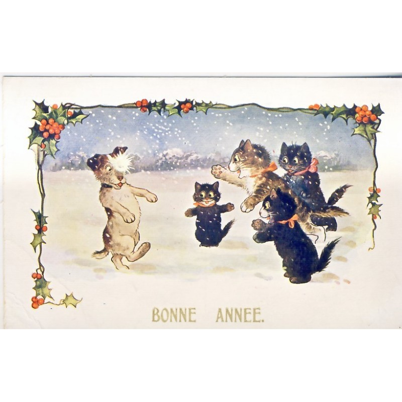 CARTE POSTALE CHATS HUMANISES DANS LA NEIGE - BONNE ANNEE