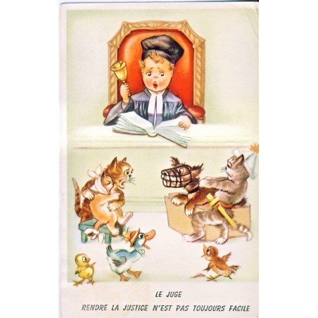 CARTE POSTALE CHATS HUMANISES AU TRIBUNAL
