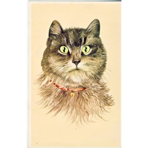 CARTE POSTALE TETE DE CHAT AVEC COLLIER ROUGE