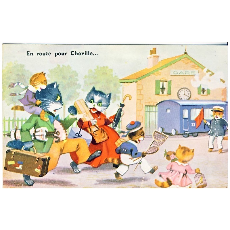 CARTE POSTALE CHATS HUMANISES EN ROUTE POUR CHAVILLE