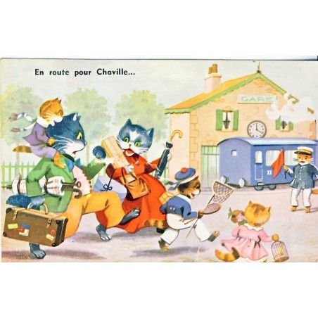 CARTE POSTALE CHATS HUMANISES EN ROUTE POUR CHAVILLE