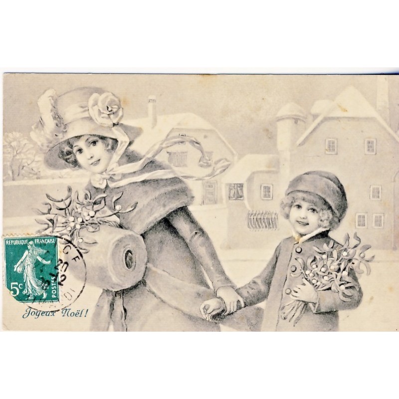 CARTE POSTALE MERE ET FILLE AVEC DU GUI - JOYEUX NOEL﻿