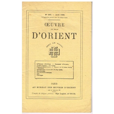 BULLETIN  - OEUVRE DES ECOLES D'ORIENT N° 396 D'AOUT 1930