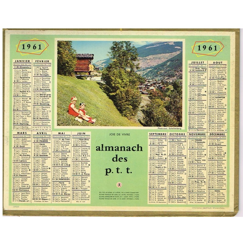 CALENDRIER ALMANACH DES POSTES 1961 - JOIE DE VIVRE