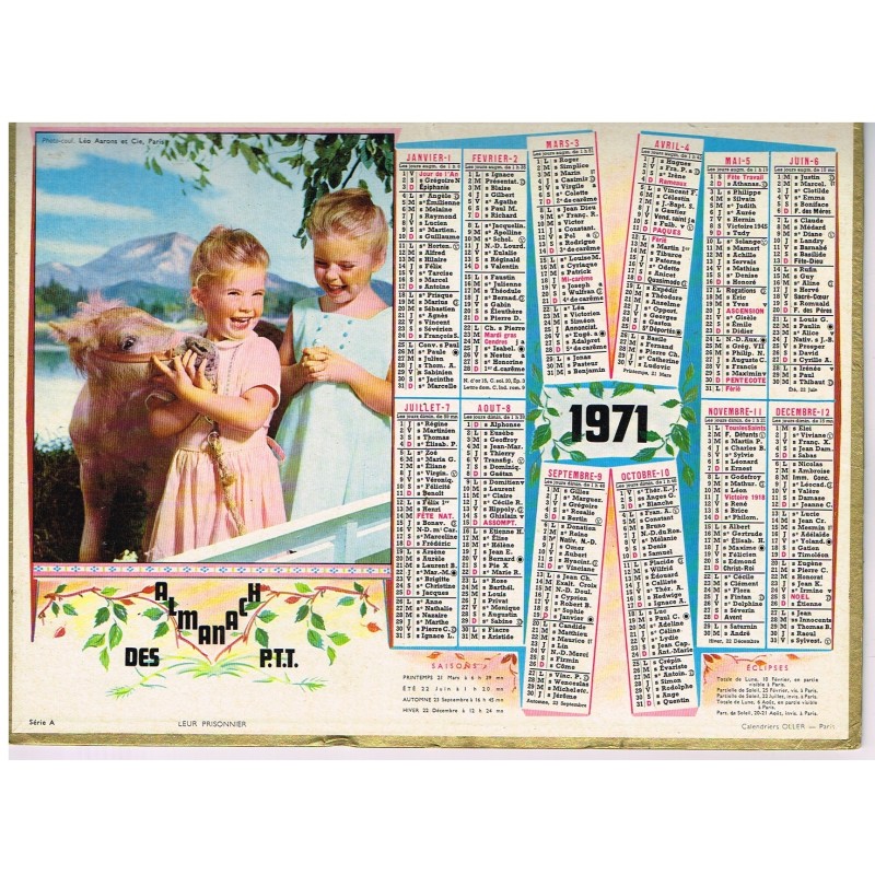 CALENDRIER ALMANACH DES PTT 1971 - FILLETTES ET PONEY