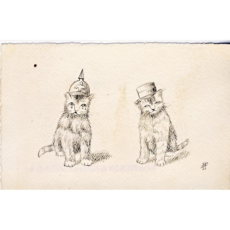 CARTE POSTALE CHATS HUMANISES CASQUE A POINTE ET KEPI, SIGNEE