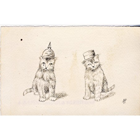 CARTE POSTALE CHATS HUMANISES CASQUE A POINTE ET KEPI, SIGNEE