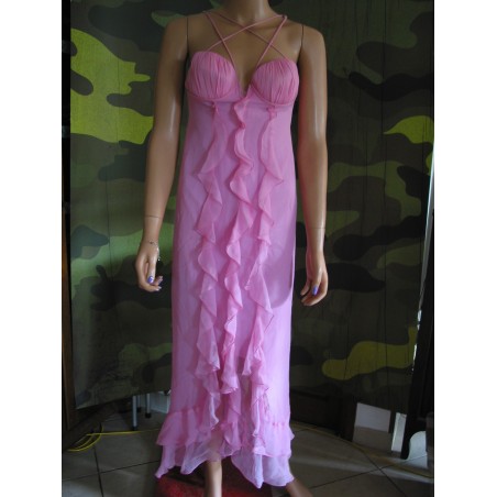 ROBE LONGUE ROSE PETALE EN SOIE VOLANTEE