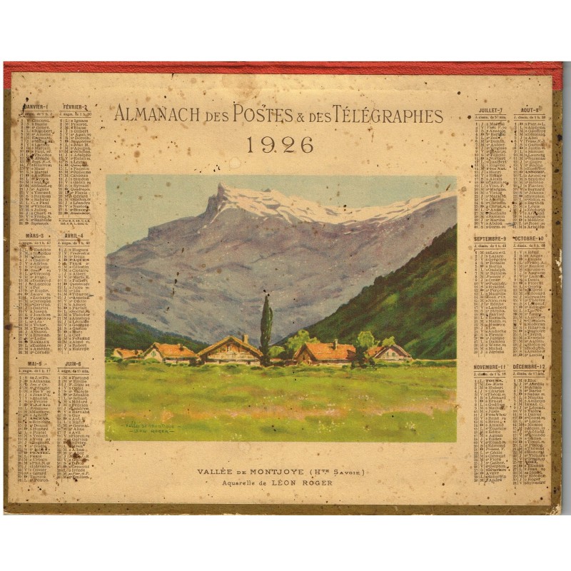 CALENDRIER ALMANACH DES POSTES ET DES TELEGRAPHES 1926 VALLEE DE MONTJOYE