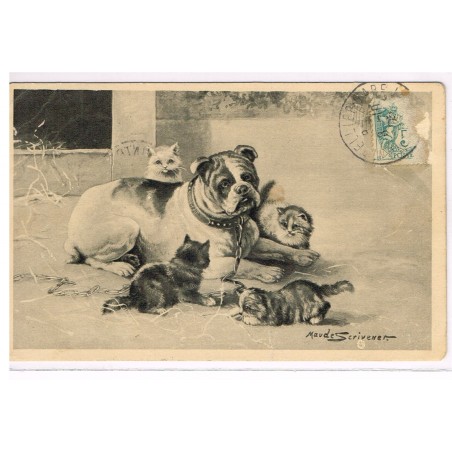 CARTE POSTALE CHATS ET CHIEN SIGNEE MAUDE SCRIVENER