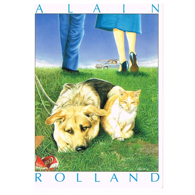 CARTE POSTALE CHAT ET CHIEN - PEINTURE DE ALAIN ROLLAND