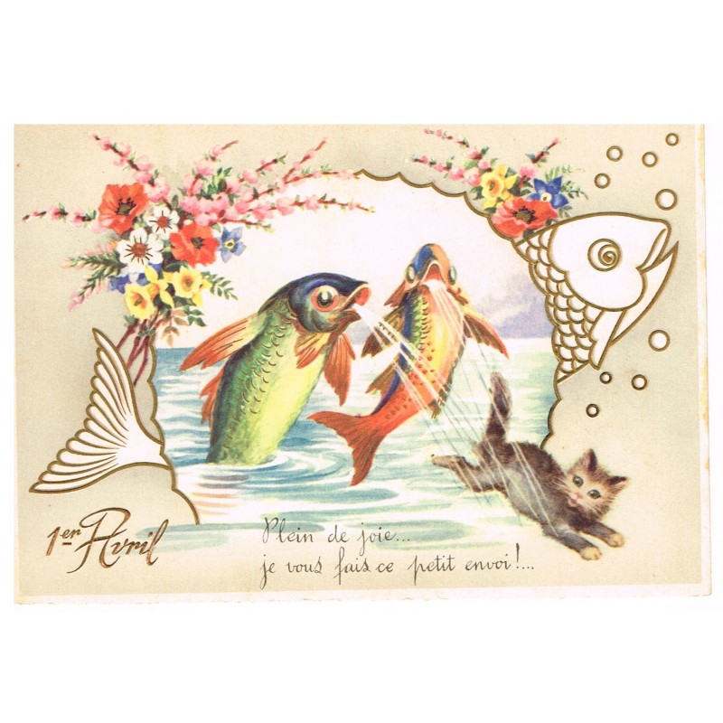 CARTE POSTALE 1er AVRIL CHAT ET POISSONS