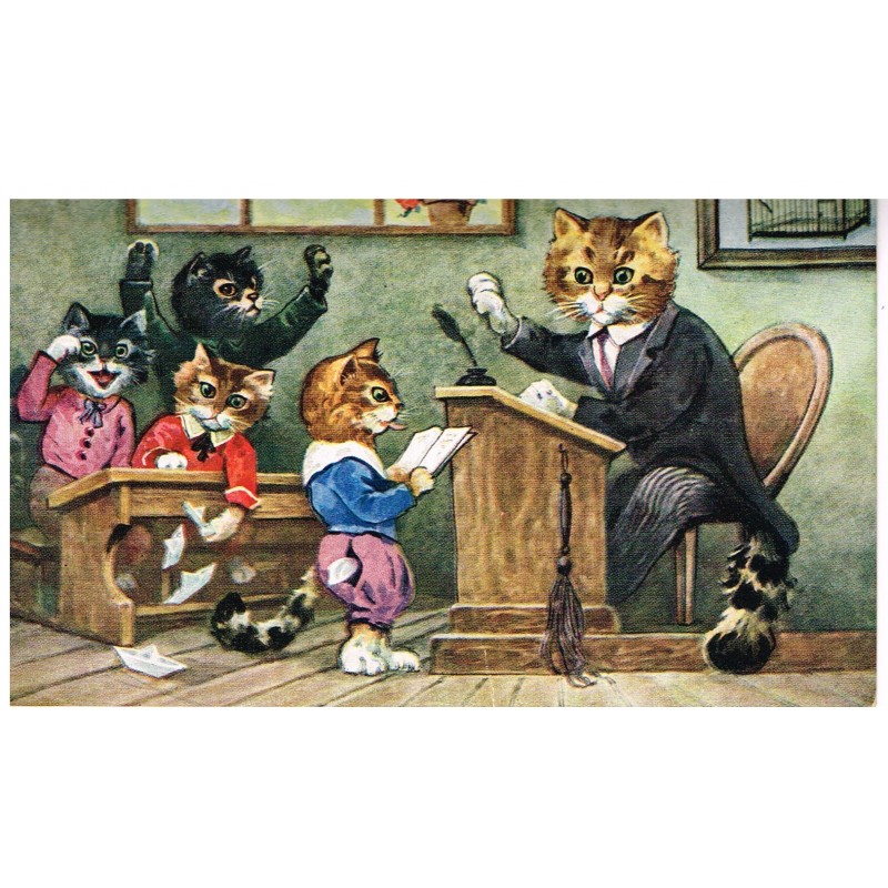 CARTE POSTALE CHATS HUMANISES - LA LECON DE LECTURE