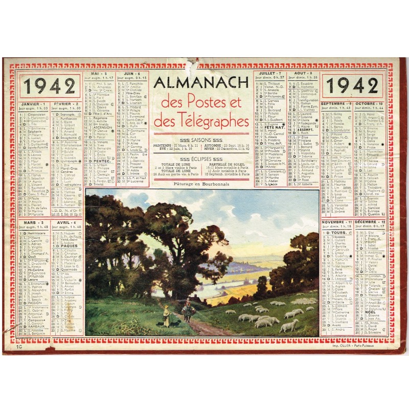 CALENDRIER ALMANACH  1942 - PATURAGE EN BOURBONNAIS