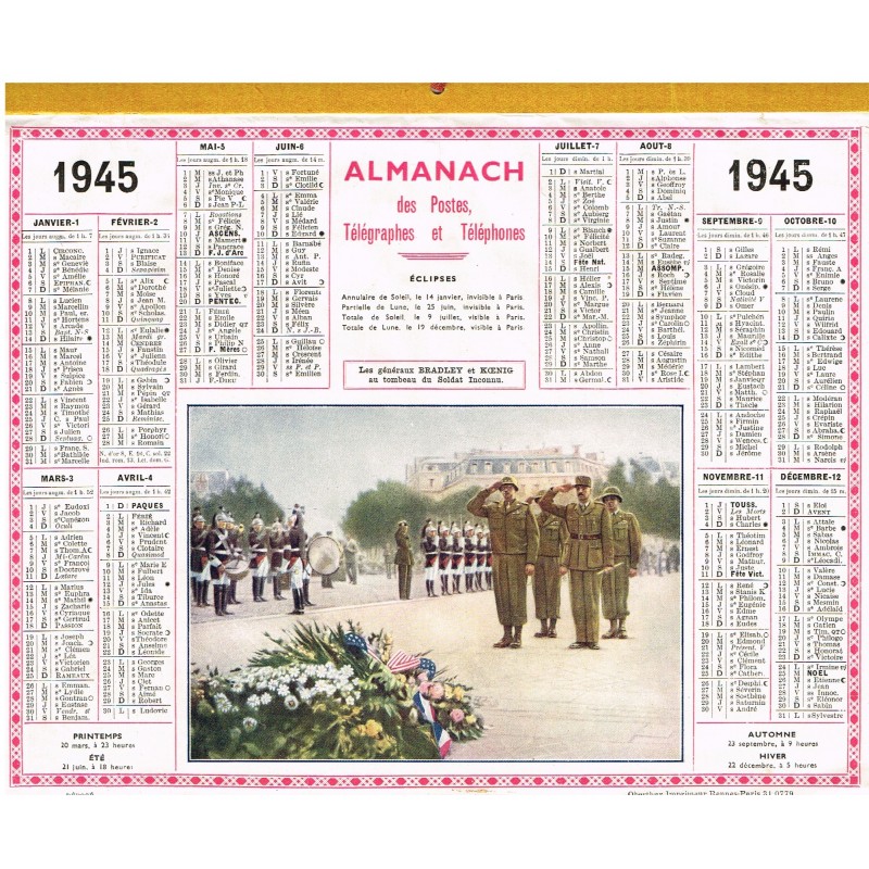 CALENDRIER ALMANACH  1945 - LES GENERAUX BRADLEY ET KOENIG