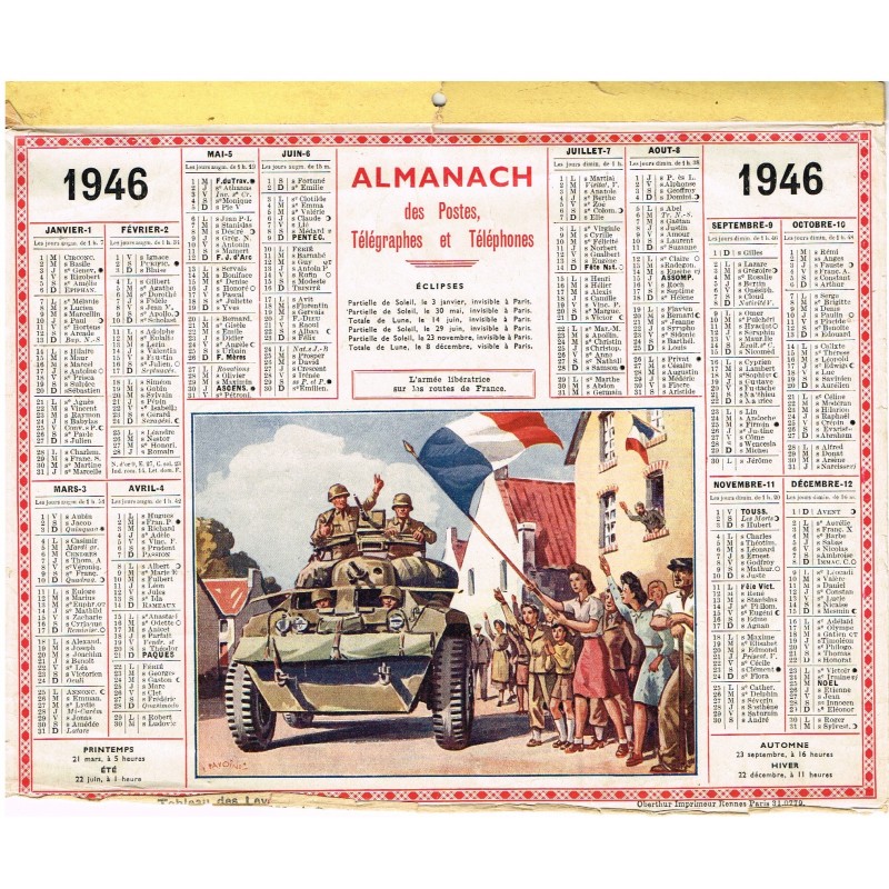 CALENDRIER ALMANACH DES POSTES TELEGRAPHES ET TELEPHONES 1946