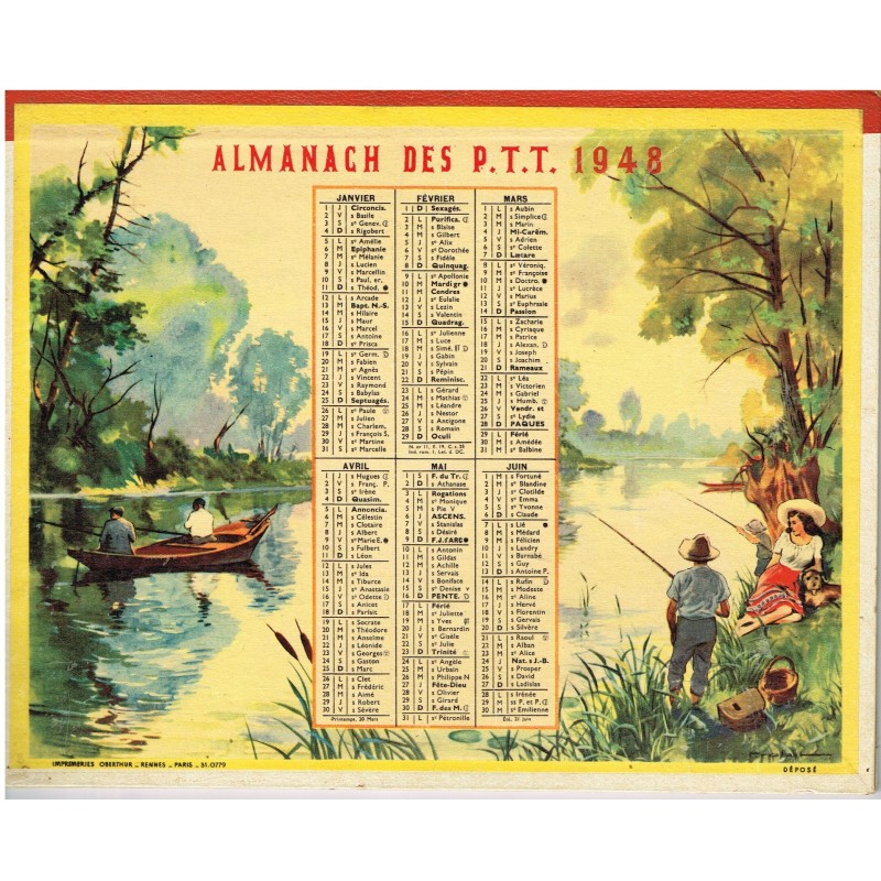 CALENDRIER ALMANACH DES PTT 1948 - PECHE ET CHASSE﻿.