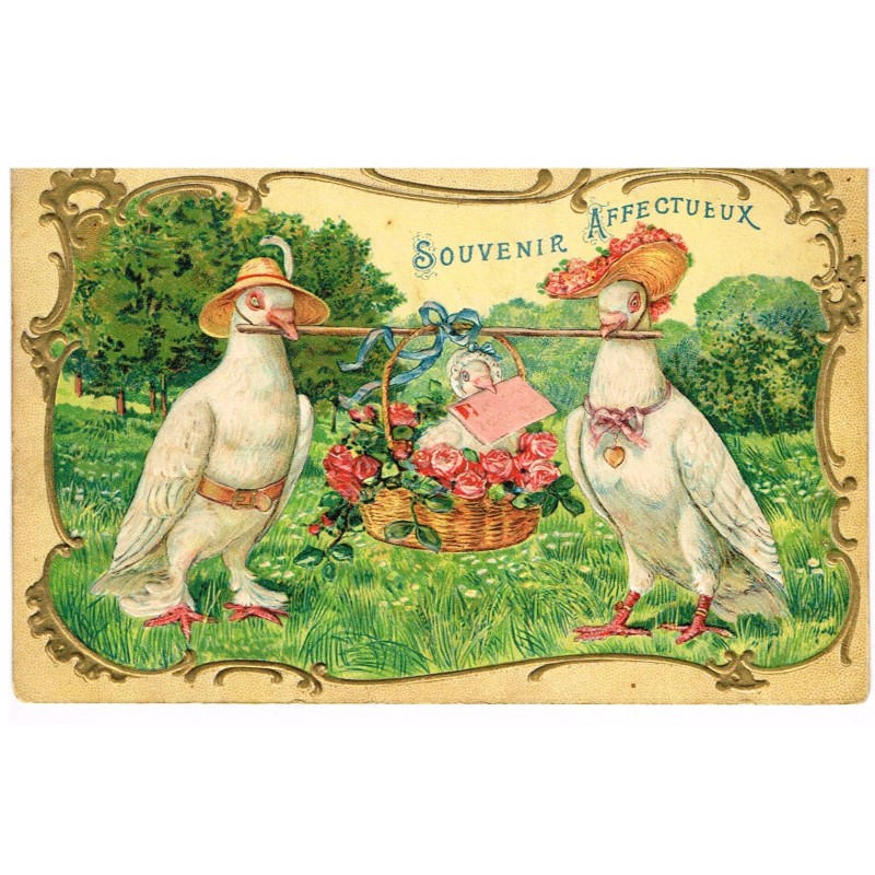 CARTE POSTALE GAUFREE - SOUVENIR AFFECTUEUX AVEC PIGEONS HUMANISES