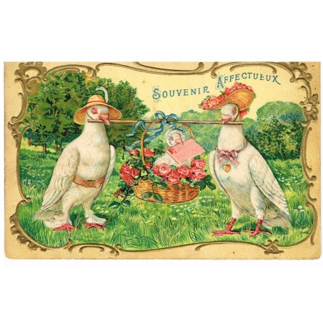 CARTE POSTALE GAUFREE - SOUVENIR AFFECTUEUX AVEC PIGEONS HUMANISES