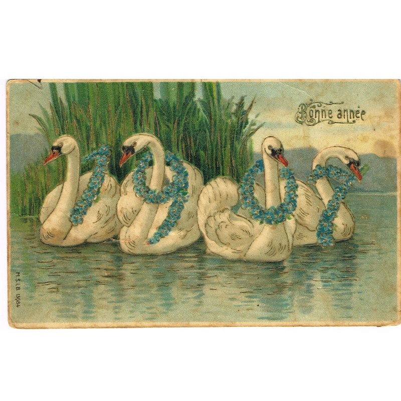 CARTE POSTALE GAUFREE - BONNE ANNEE 1907 AVEC CYGNES