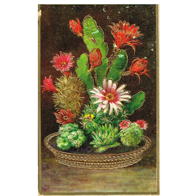 CARTE POSTALE GAUFREE - CORBEILLE DE FLEURS REHAUSSEE DE DORURES