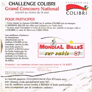 DISQUE 45 TOURS 17 cm SP MONDIAL BILLES 87 - PATISSERIES COLIBRI