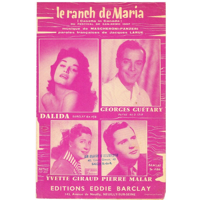 PARTITION DE DALIDA - LE RANCH DE MARIA