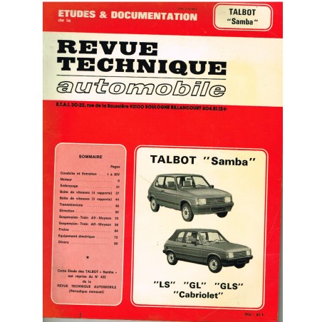 REVUE TECHNIQUE AUTOMOBILE 1982 - TALBOT "SAMBA"