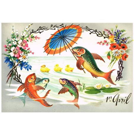 CARTE POSTALE 1er AVRIL - POISSON HUMANISE AVEC UNE OMBRELLE
