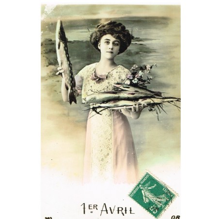 CARTE POSTALE 1er AVRIL - JEUNE FEMME ET BROCHETS