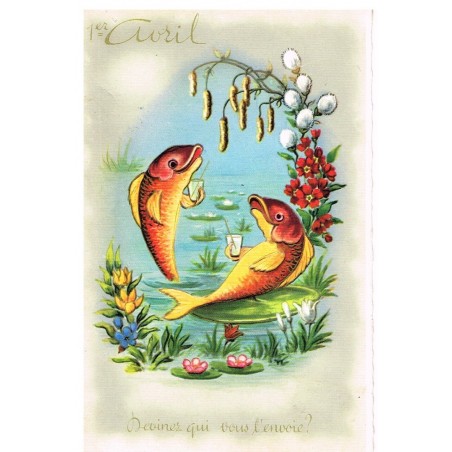 CARTE POSTALE 1er AVRIL - POISSONS HUMANISES BUVANT UN VERRE