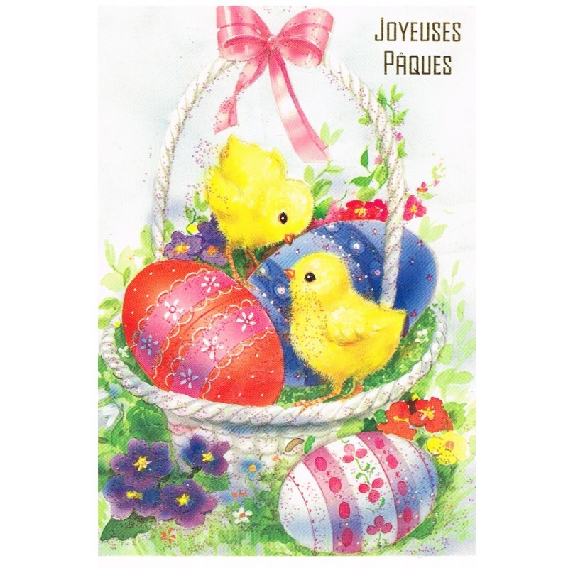 CARTE POSTALE JOYEUSES PAQUES - POUSSINS ET OEUFS DECORES