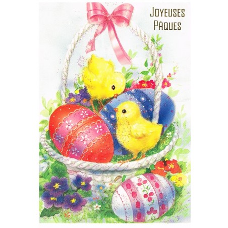 CARTE POSTALE JOYEUSES PAQUES - POUSSINS ET OEUFS DECORES
