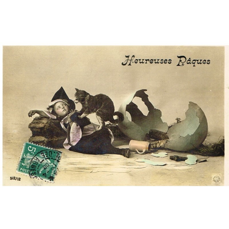 CARTE POSTALE HEUREUSES PAQUES - OEUF CASSE, CHATON ET FILLETTE