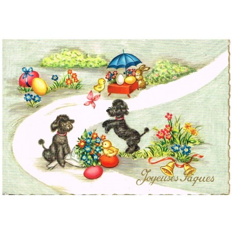 CARTE POSTALE JOYEUSES PAQUES - CHIENS, POUSSINS, LAPIN VENDEUR D'OEUFS.