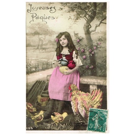 CARTE POSTALE JOYEUSES PAQUES - FILLETTE AVEC DES OEUFS, POULE ET  POUSSINS